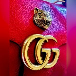 Authentic Gucci Red Leather GG Marmont Animalier Flap Shoulder Bag